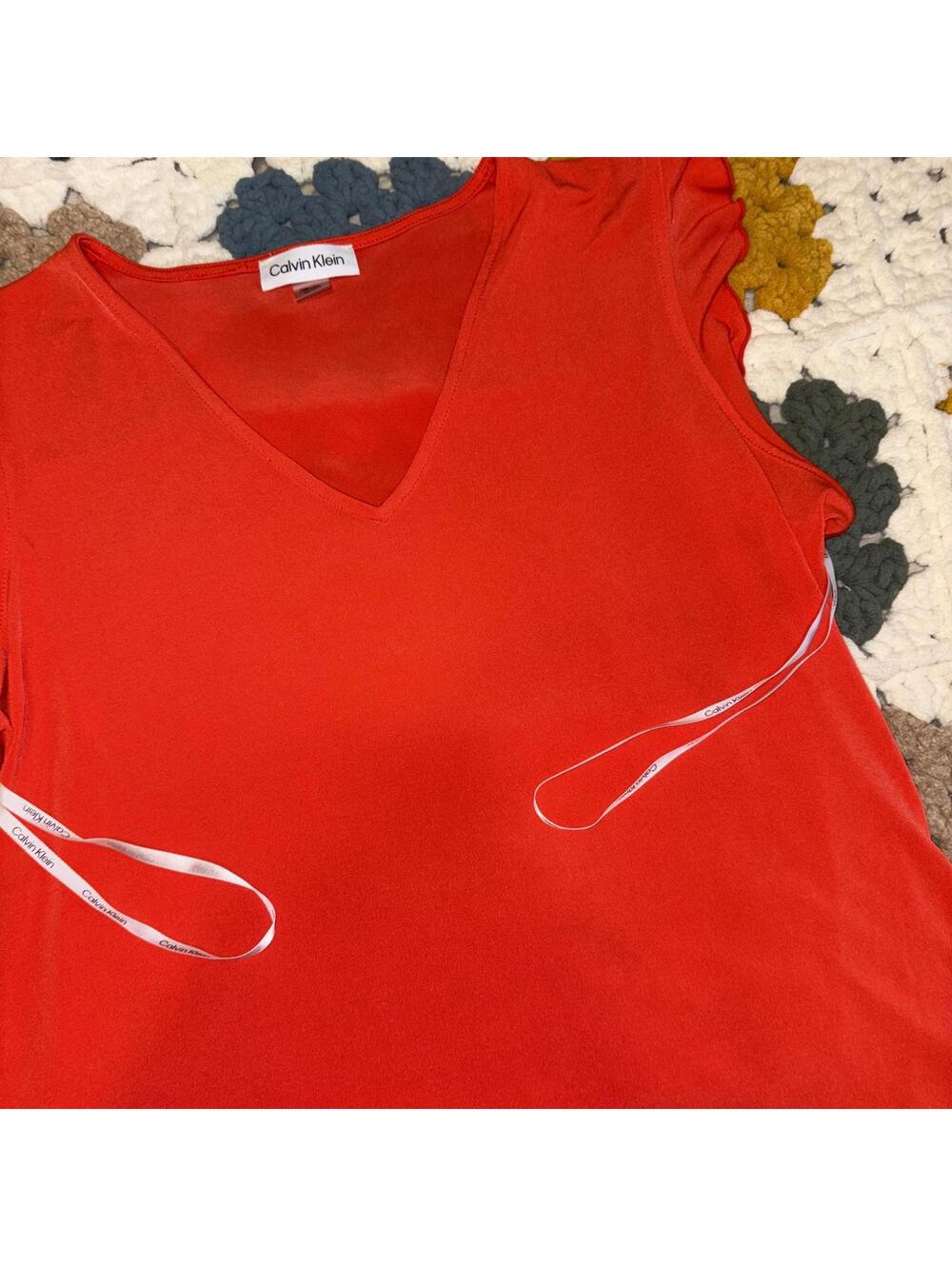 Calvin Klein Women's Red V-Neck Top with Ribbon Detail Woman’s Size M - Picture 2 of 7
